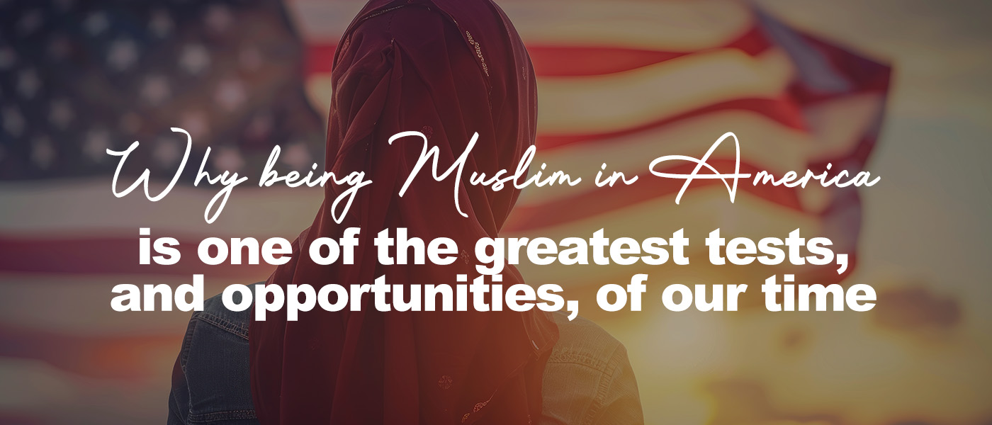 A Muslim woman wearing a maroon hijab stands with her back to the camera, facing a softly waving American flag at sunset, as warm golden light fills the scene and reflects a quiet moment of identity, reflection, and belonging.
